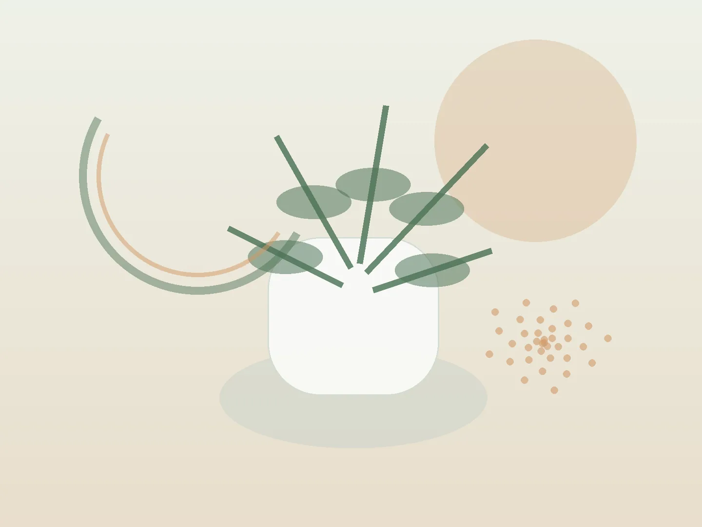 Rustige botanische illustratie met bladeren en een supplementenpot zonder merkclaim